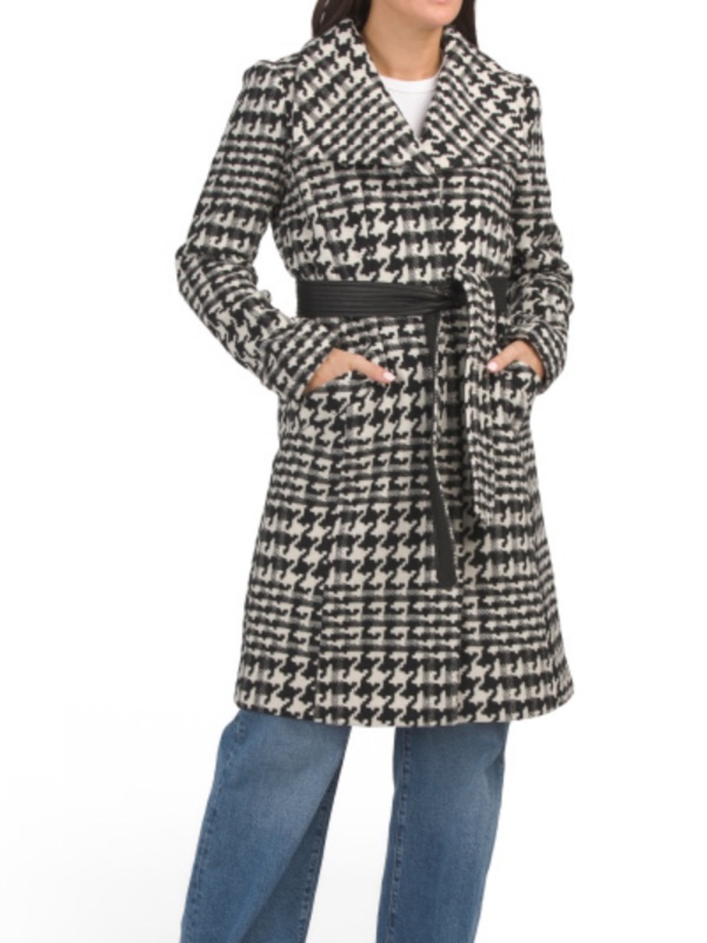 Karl Lagerfeld Paris Black and White Houndstooth Belted Wool Coat